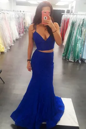 Shiny Two Pieces Mermaid Royal Blue Long Prom Dresses, Two Pieces Royal Blue Formal Dresses, Evening Dresses