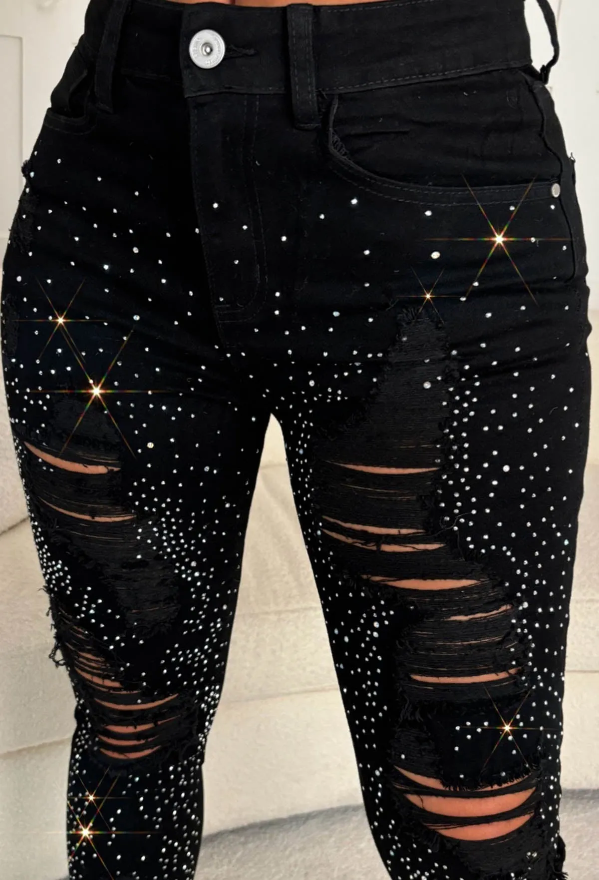 Sparkle Days Black Sparkle Ripped Stretch Jeans