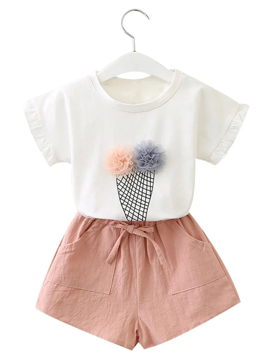 Toddler Big Girl Outfits Ice Cream Style T-shirt Pink Shorts