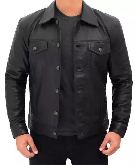 Trucker Mens Black Leather Jacket