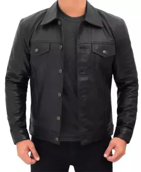 Trucker Mens Black Leather Jacket