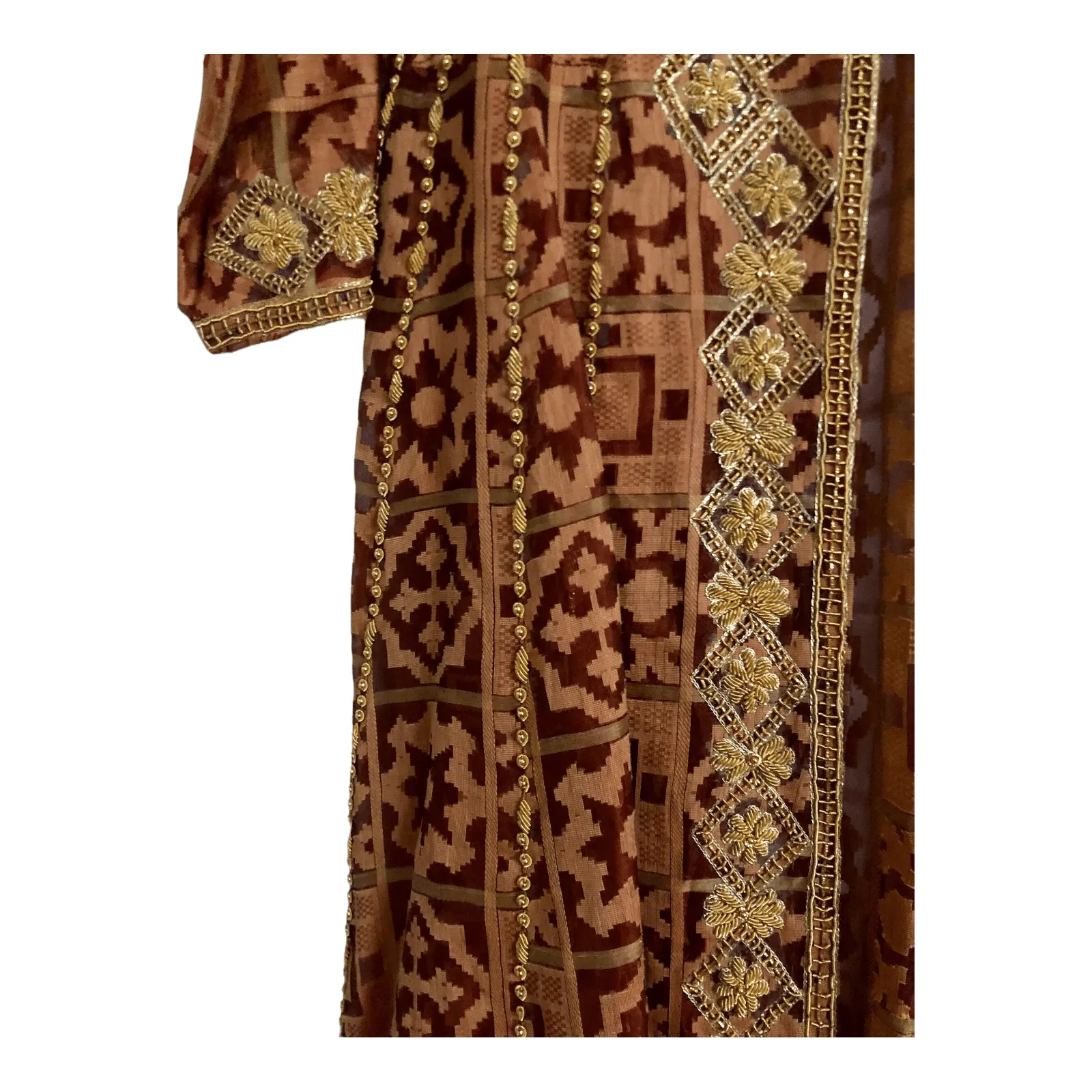 Unbranded Half Sleeve Embroidered Embellished Longline Evening Wedding Coat Coatigan Jacket Amber Brown Geometric Print UK Size 12-14