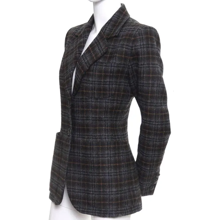 Vintage Plaid Yves Saint Laurent Wool Blazer YSL France Size 42 US 10