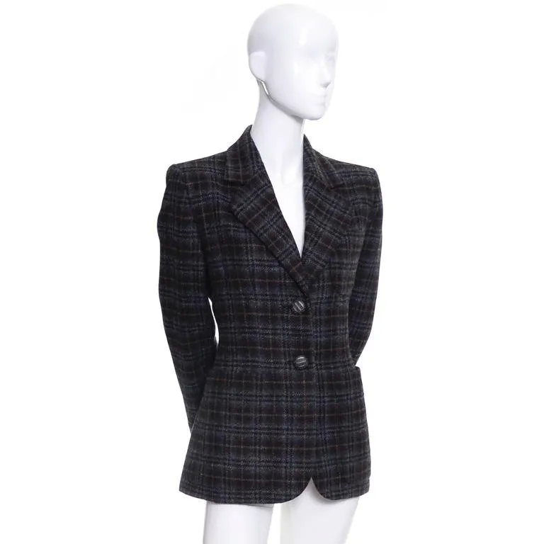 Vintage Plaid Yves Saint Laurent Wool Blazer YSL France Size 42 US 10