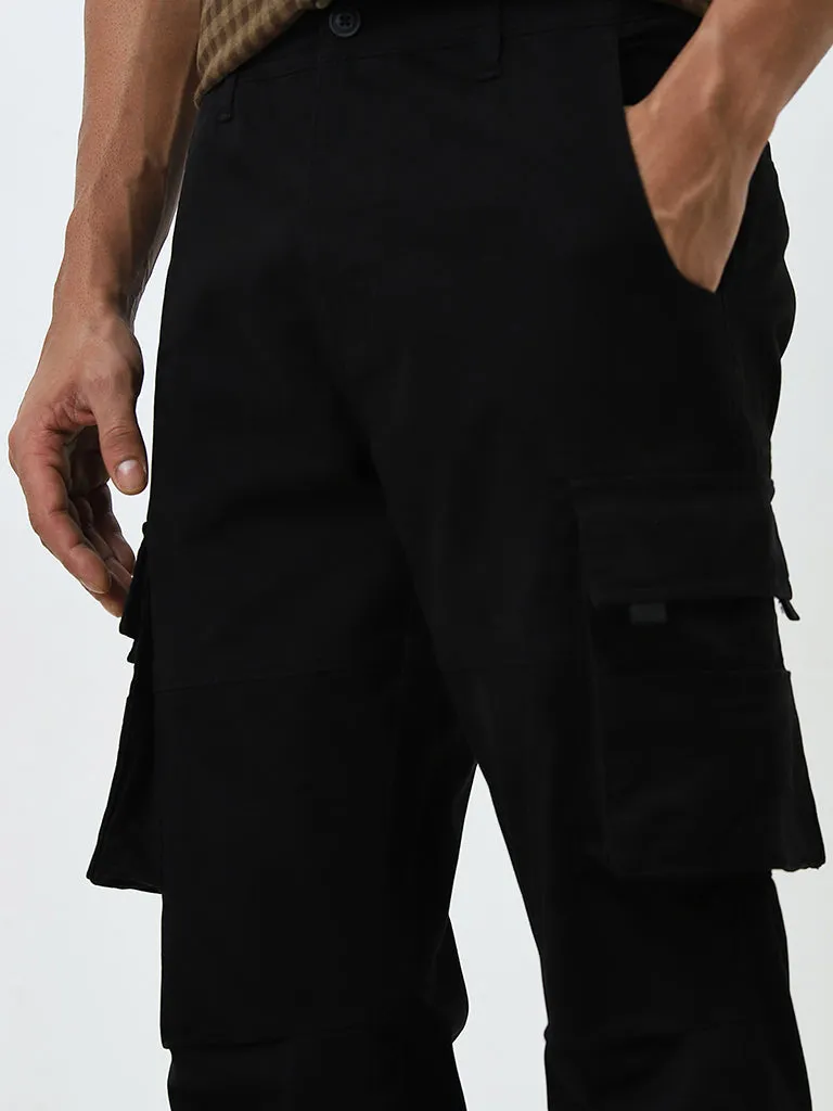 WES Casuals Black Relaxed-Fit Mid-Rise Cargo Trousers