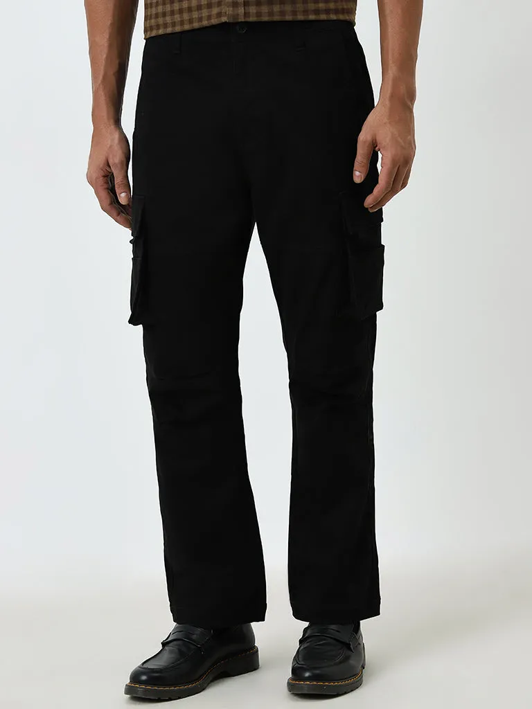 WES Casuals Black Relaxed-Fit Mid-Rise Cargo Trousers