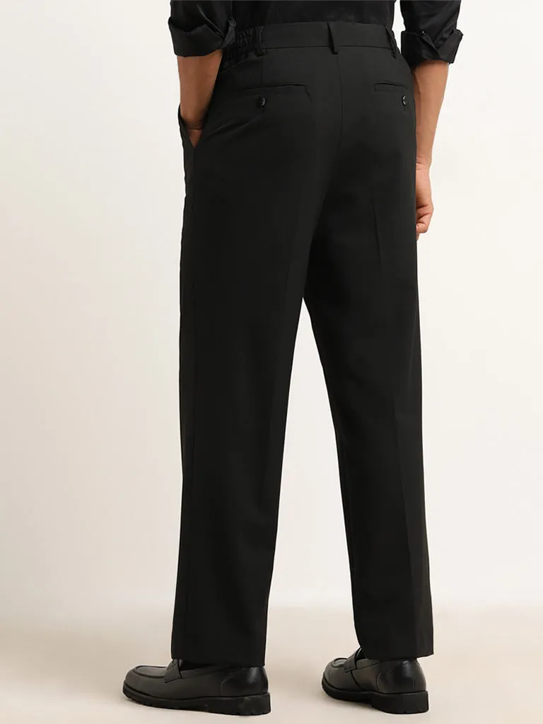 WES Formals Black Relaxed-Fit Mid-Rise Trousers