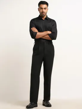 WES Formals Black Relaxed-Fit Mid-Rise Trousers