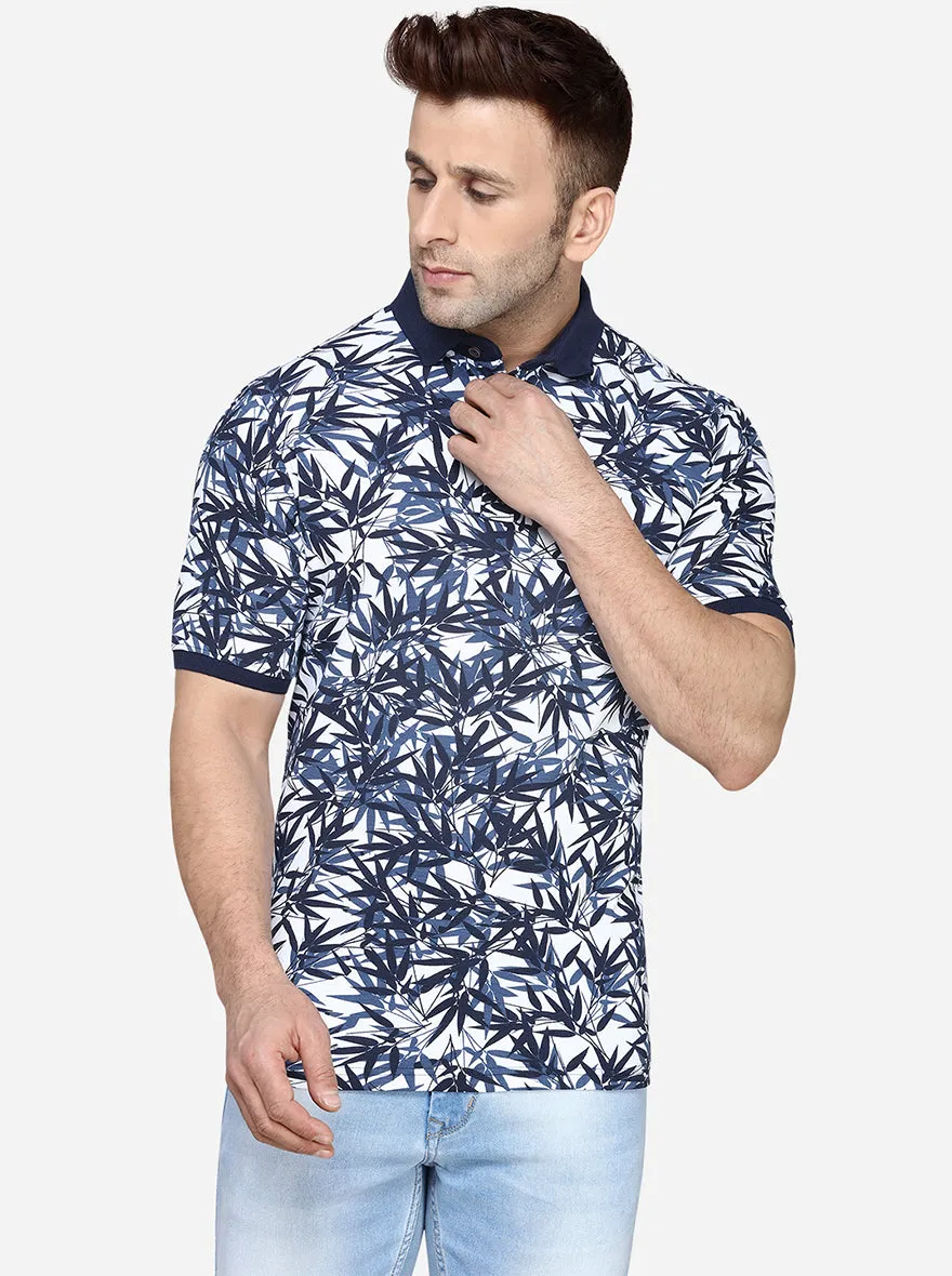 White & Blue Printed Slim Fit Polo T-Shirt | JadeBlue