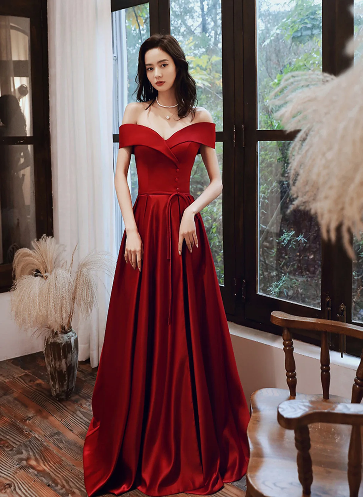 Wine Red Satin Off Shoulder Long Prom Dress with Leg Slit, Wine Red Evening Dress