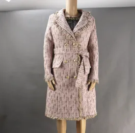 Women Designer Inspired Tweed Wool Blend Pink Trench Coat Outwear Belted