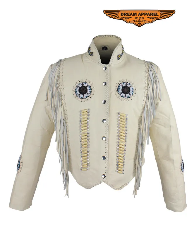 Women's Beige Leather Jacket With Beads, Studs, Bone & Fringe