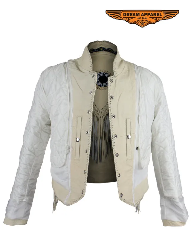 Women's Beige Leather Jacket With Beads, Studs, Bone & Fringe