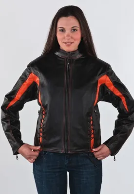 Women's Black & Orange Leather Jacket With Zippered Cuffs