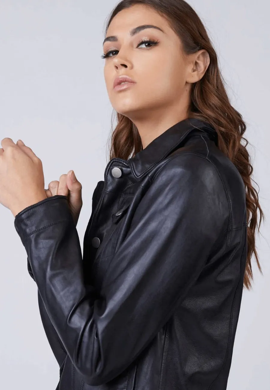 Women’s Black Leather Trucker Jacket