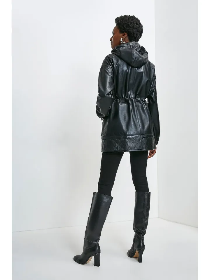 Women’s Black Sheepskin Leather Hooded Coat