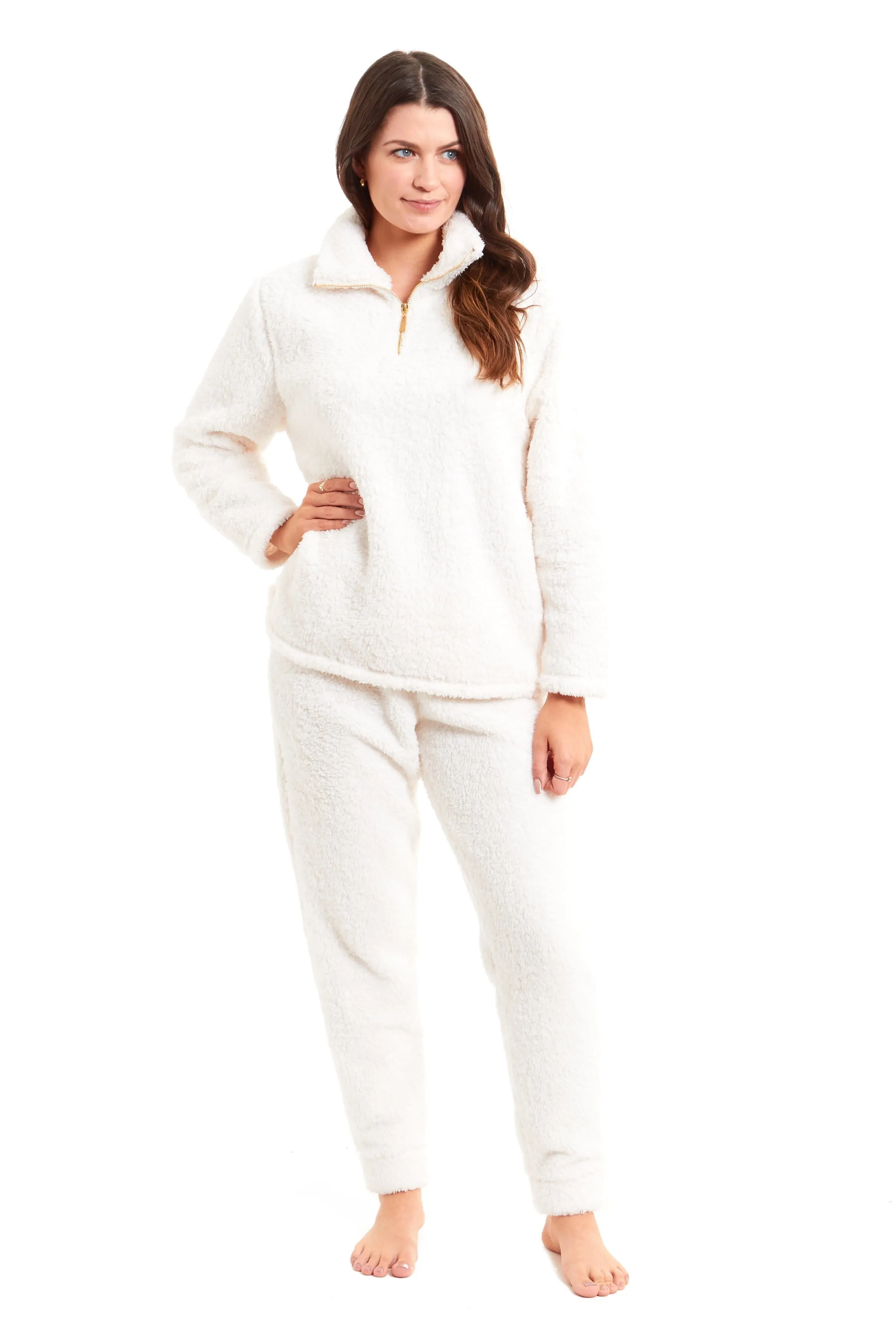 Women's Super Soft Teddy Fleece Lounge Set Cosy Fluffy Zip-Up Pyjama with Elasticated Waistband Warm Nightwear by Daisy Dreamer