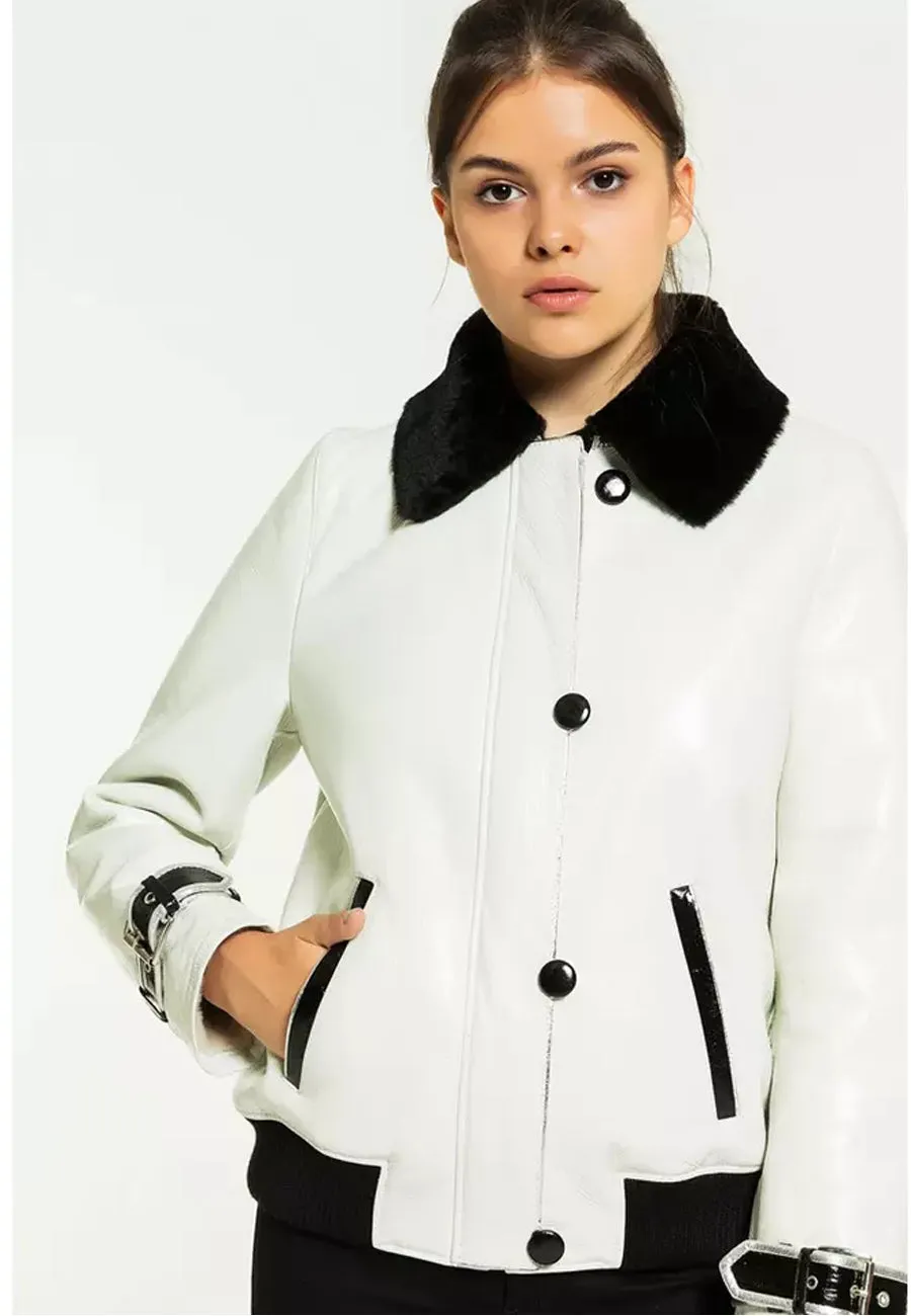 Women’s White Leather Black Collar Shearling Jacket