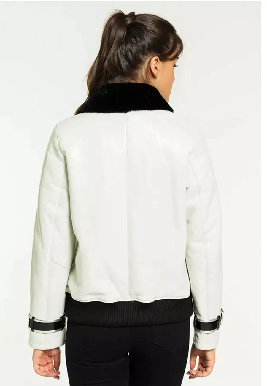 Women’s White Leather Black Collar Shearling Jacket